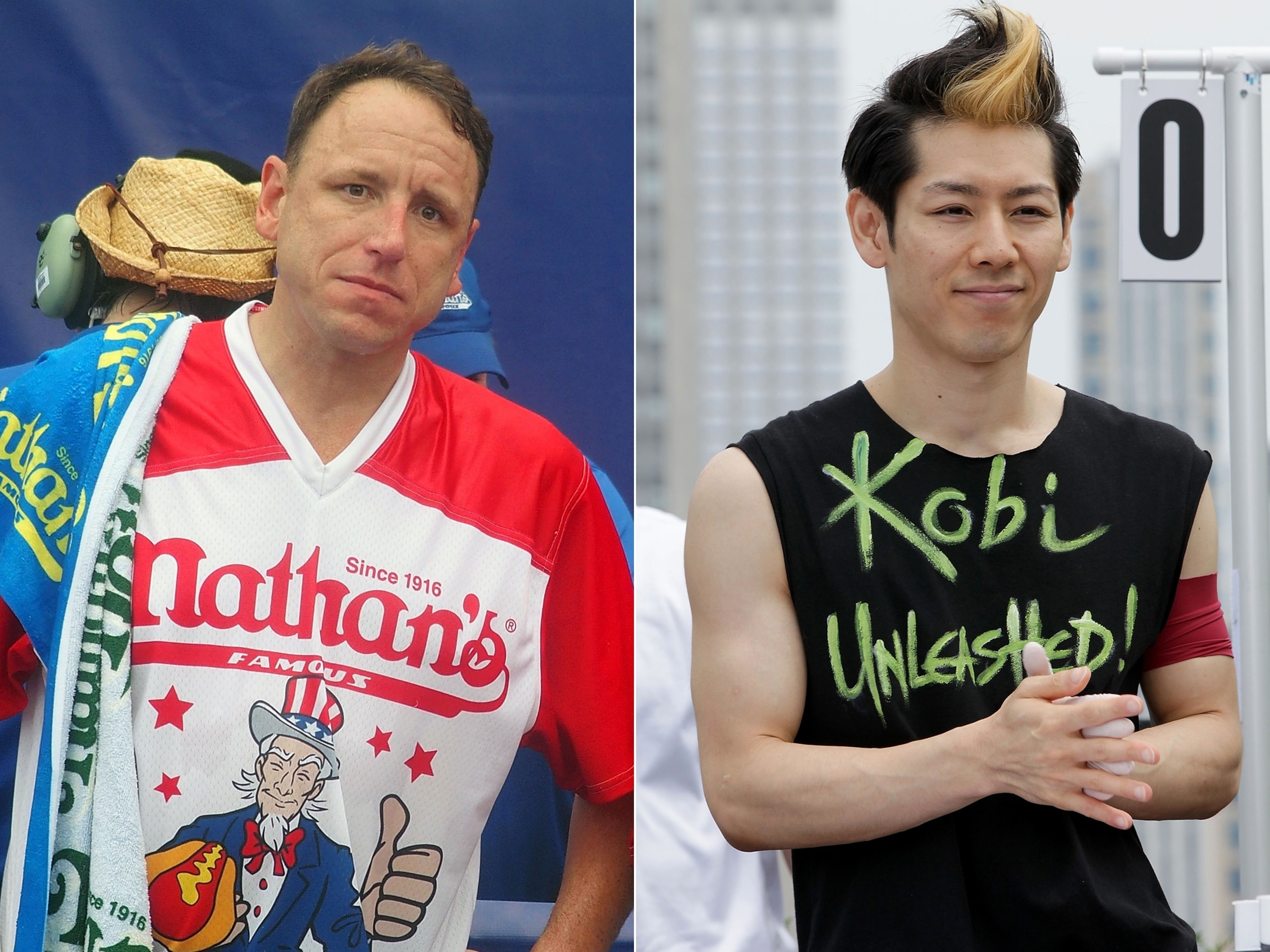 PHOTO: Joey Chestnut is shown during the 2023 Nathan's Famous International Hot Dog Eating Contest at Coney Island, on July 4, 2023, in New York. | Takeru Kobayashi challeges contestants via satellite at 230 Fifth Avenue, on July 4, 2011, in New York.